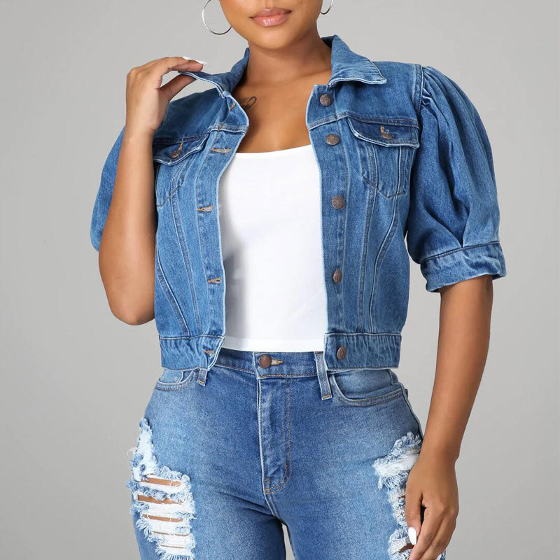 Solid Puff Sleeve Button Detailed Denim Coat