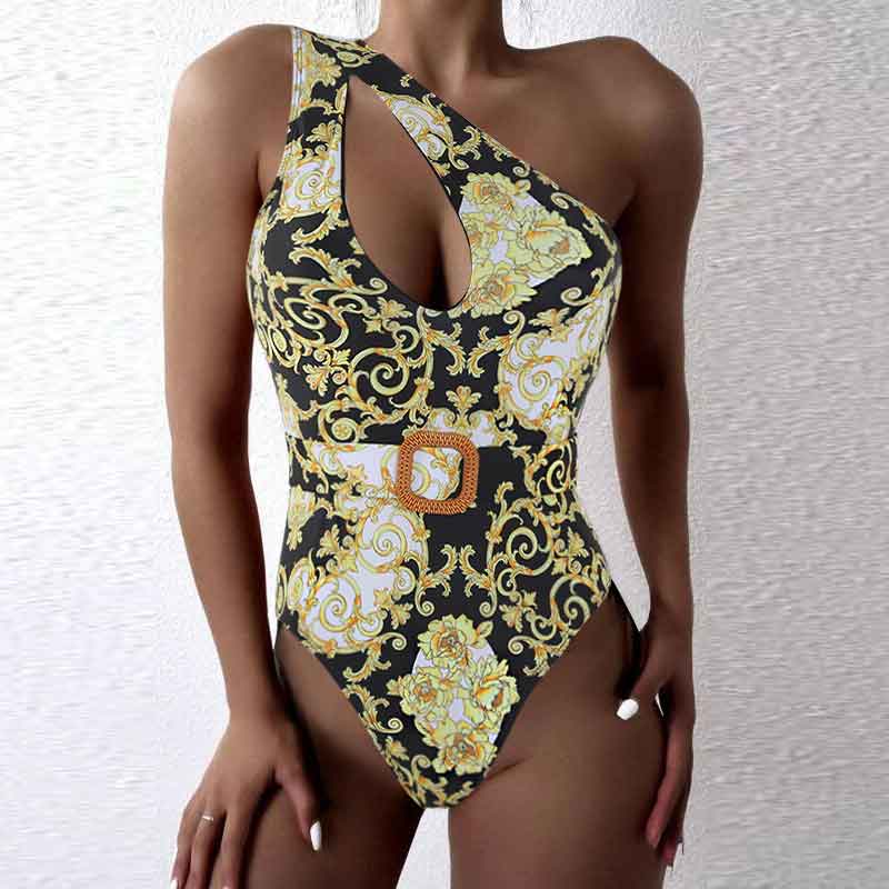 Printed One Shoulder Cut Out Belted One Piece Swimsuit