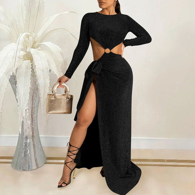 Glitter Long Sleeve Cut Out High Slit Maxi Dress