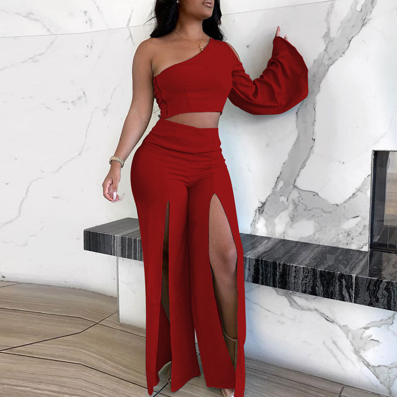 Solid One Shoulder Crop Top & High Slit Pants Set