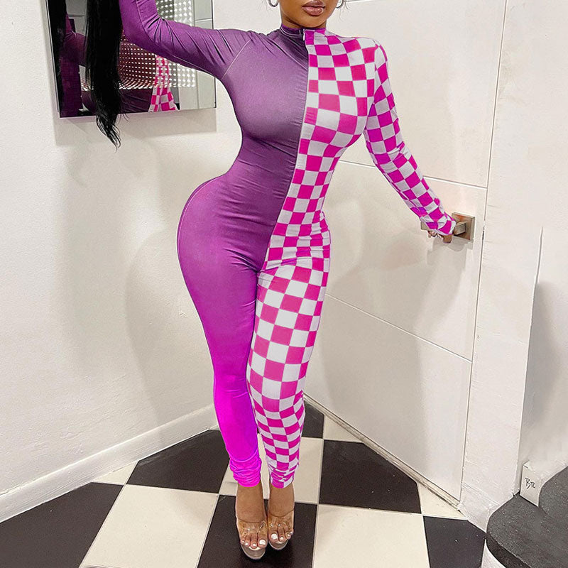 Colorblock Checkerboard Print Long Sleeve Skinny Jumpsuit