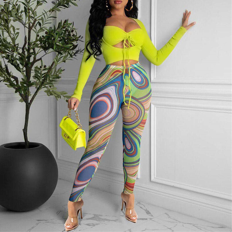 Solid Long Sleeve Cut Out Top & Print Pants Set