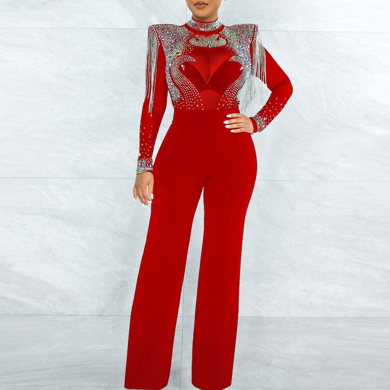 Rhinestone Tassel Design Long Sleeve Sheer Mesh Jumpsuit