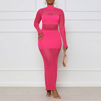 Solid High Neck Long Sleeve Fishnet Maxi Dress