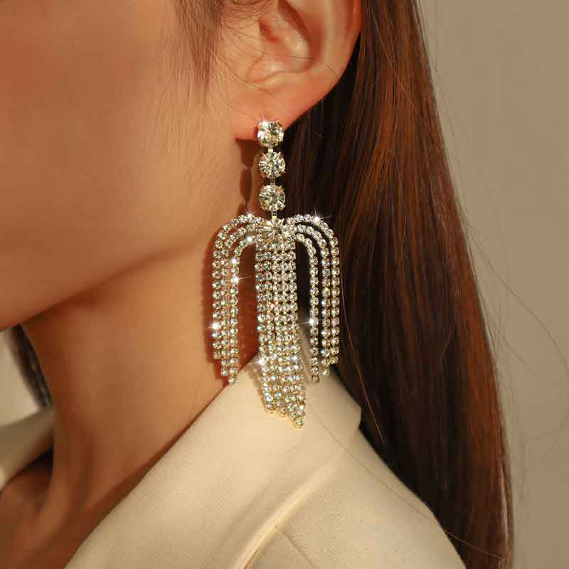 Rhinestone Tassel Design Earrings