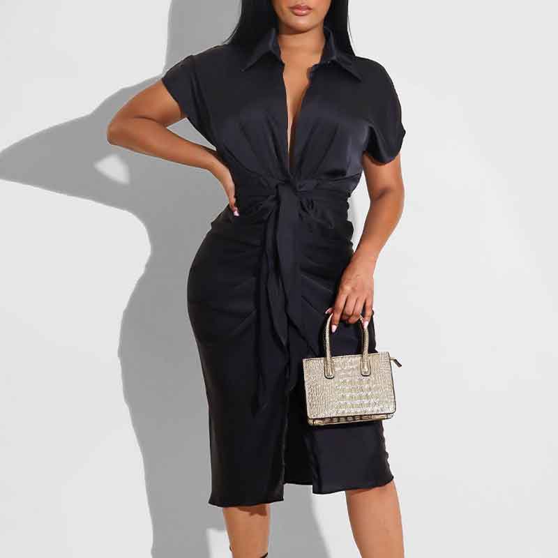 Solid Short Sleeve Belted Ruched Shirt Dress