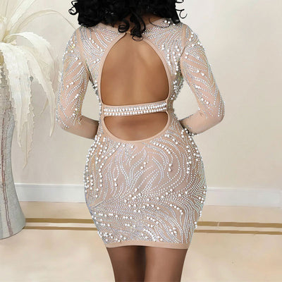 Rhinestone Beaded Long Sleeve Sheer Mesh Bodycon Dress