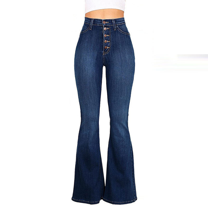 Solid High Waist Button Detailed Bell Bottomed Denim Pants