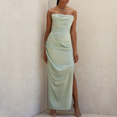 Solid Off Shoulder Ruched High Slit Maxi Dress