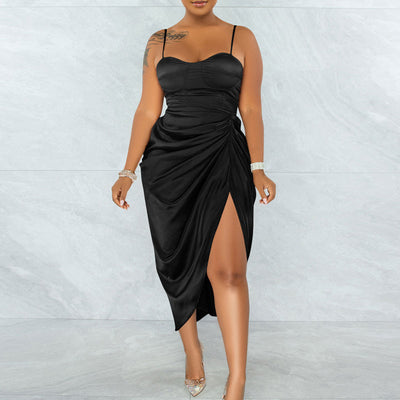 Solid Sleeveless Ruched Midi Dress