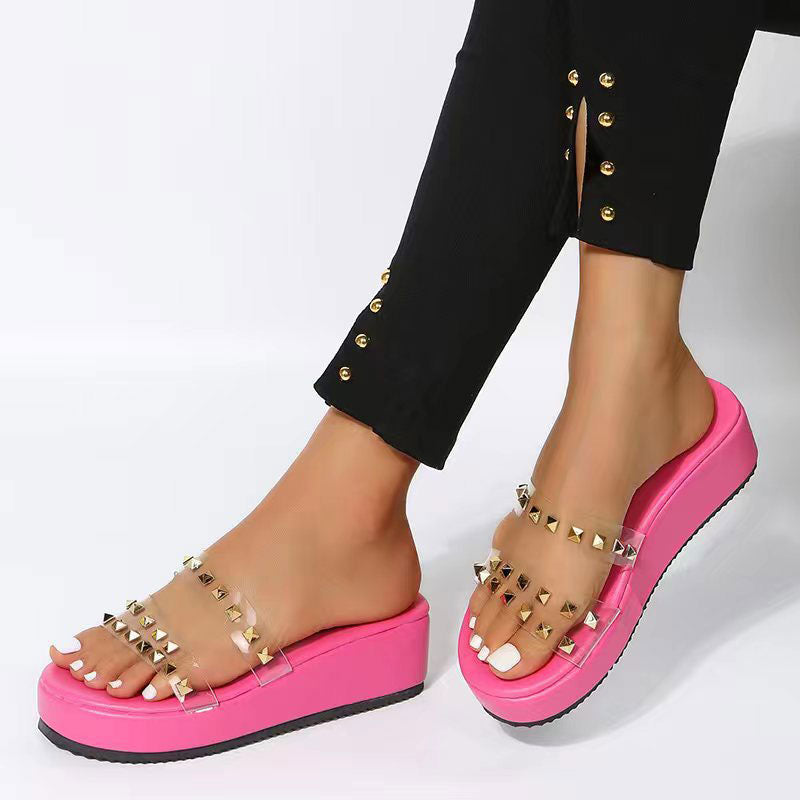 Leopard Print Rivet Decoration Clear Strap Platform Sandals