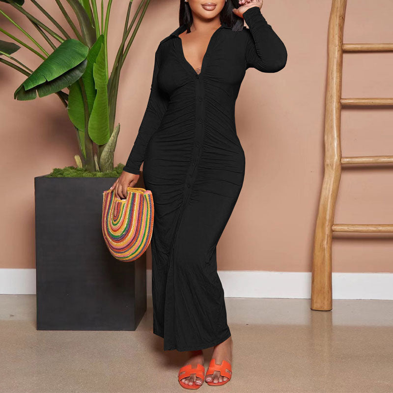 Solid Long Sleeve Button Detailed Ruched Maxi Dress