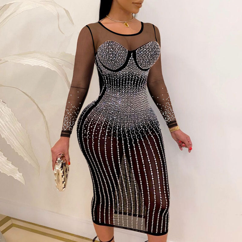 Rhinestone Sheer Mesh Patchwork Bodycon Dress