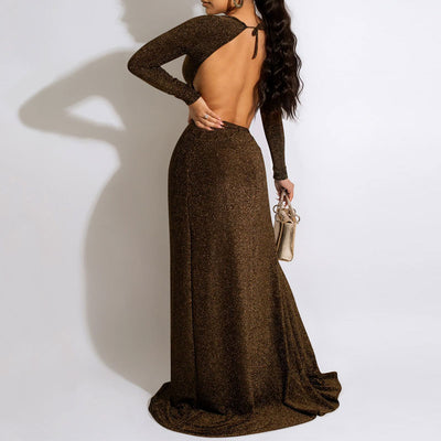 Glitter Long Sleeve Cut Out High Slit Maxi Dress