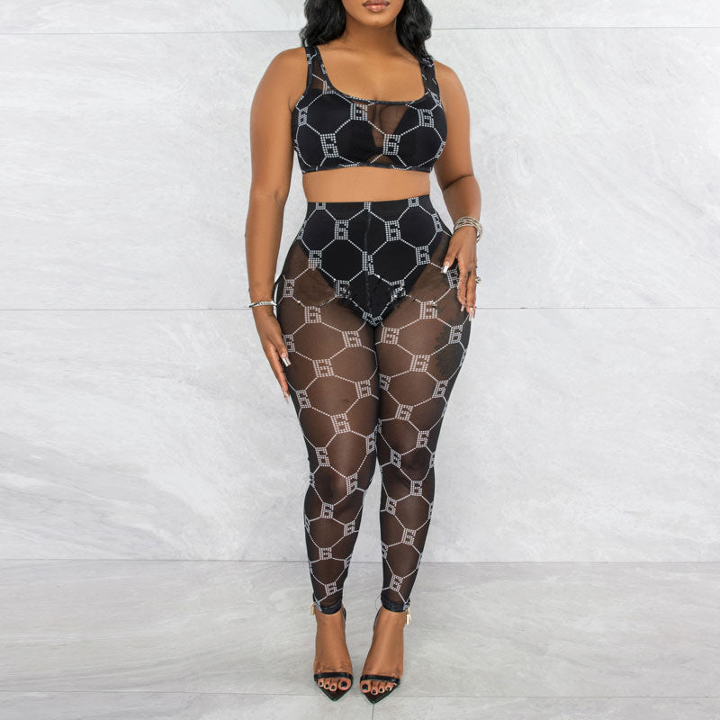 Letter Print Sheer Mesh 2PCS Pants Set