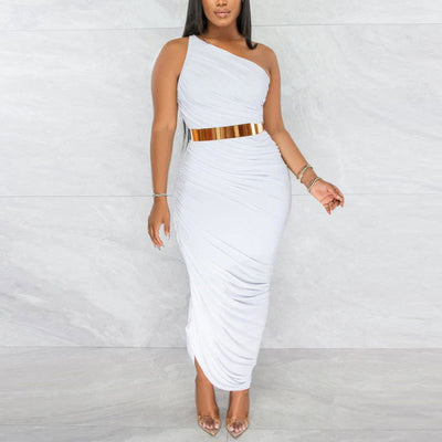 Solid Oblique Shoulder Sleeveless Ruched Midi Dress