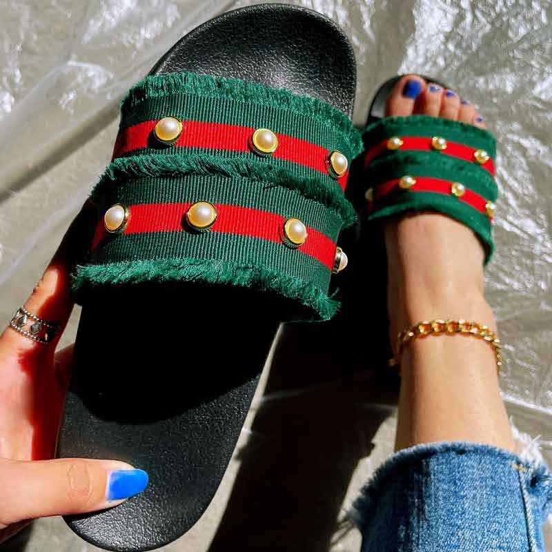 Colorblock Beaded Flat Sandals