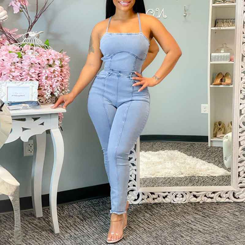 Solid Halter Backless Bandage Denim Jumpsuit