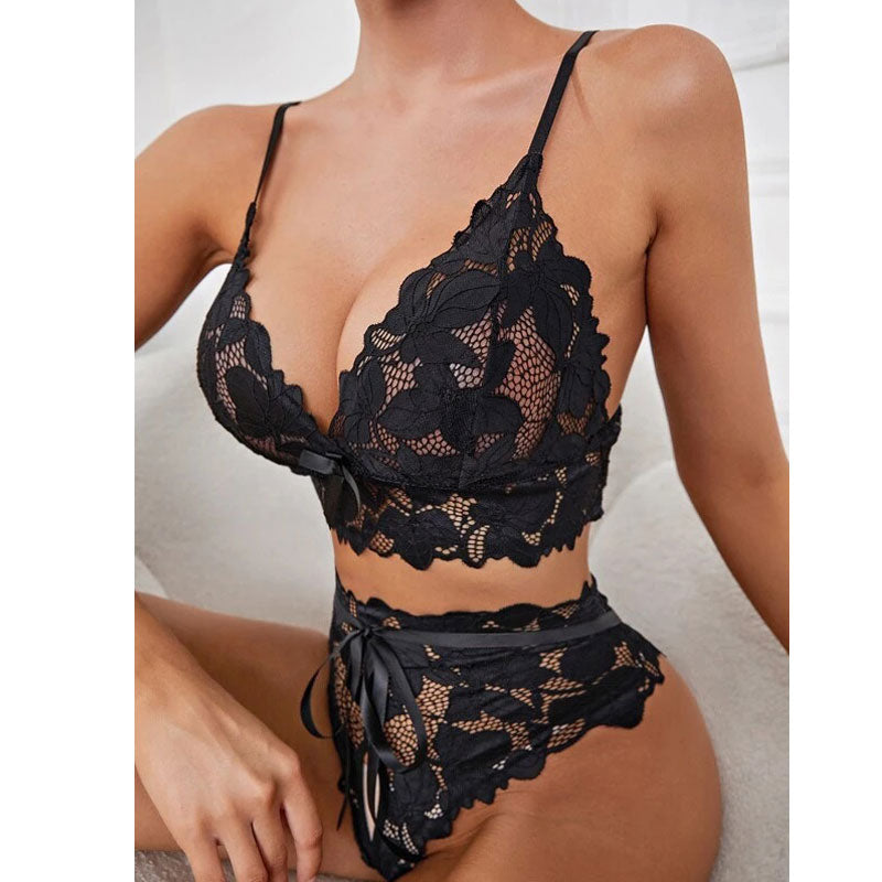 Floral Pattern Lace Cut Out Lingerie Set