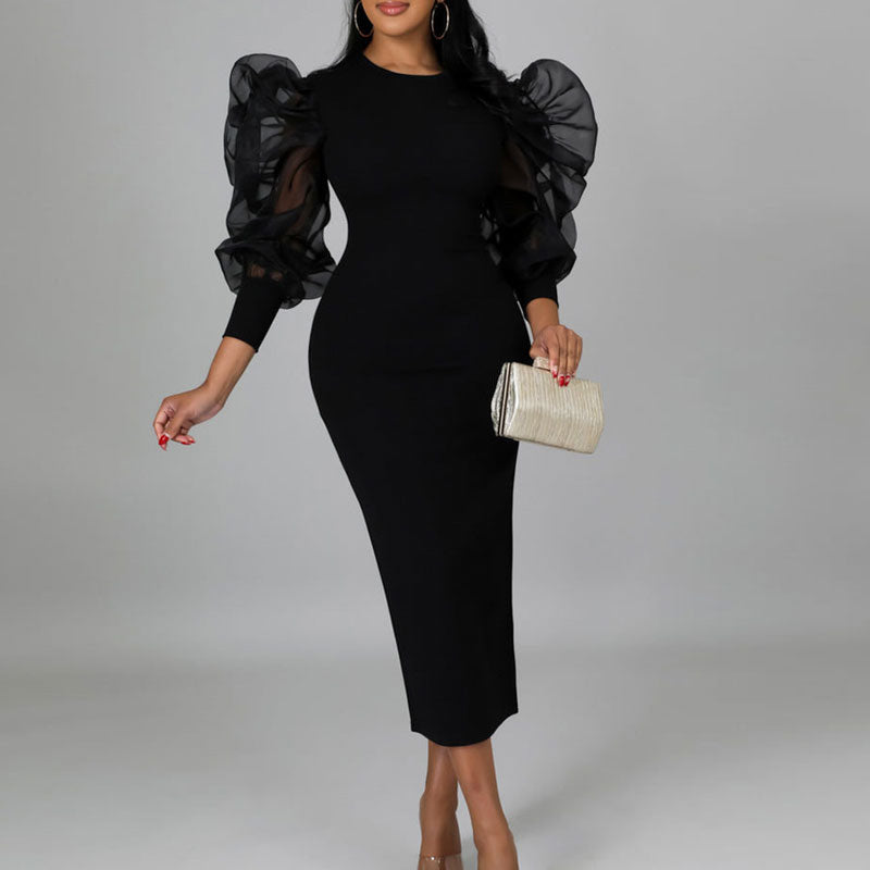 Solid Puff Sleeve Sheer Mesh Patchwork Midi Dress