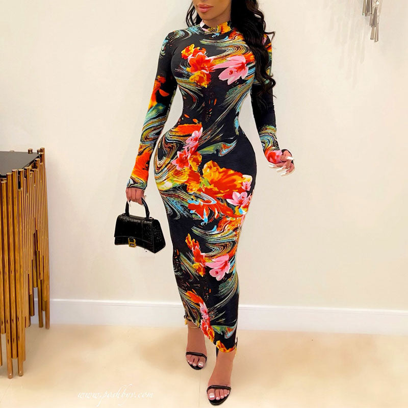 Floral Print Long Sleeve Bodycon Dress