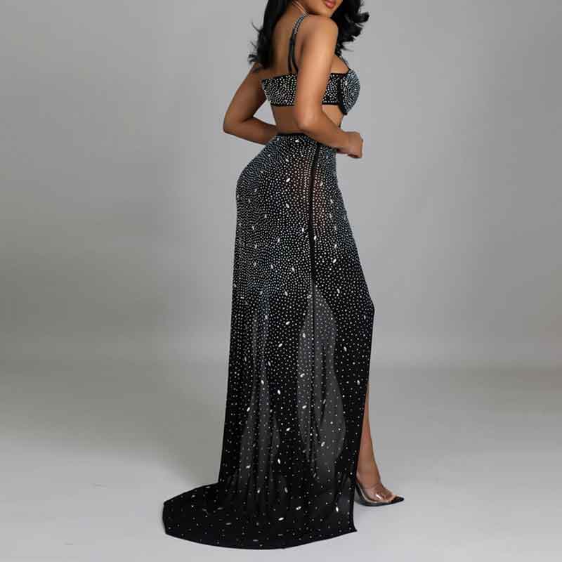 Rhinestone Sleeveless Cut Out High Slit Maxi Dress