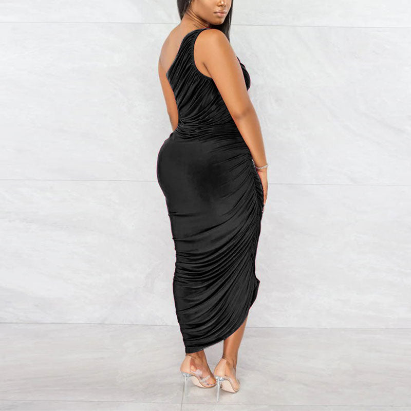 Solid Oblique Shoulder Sleeveless Ruched Midi Dress