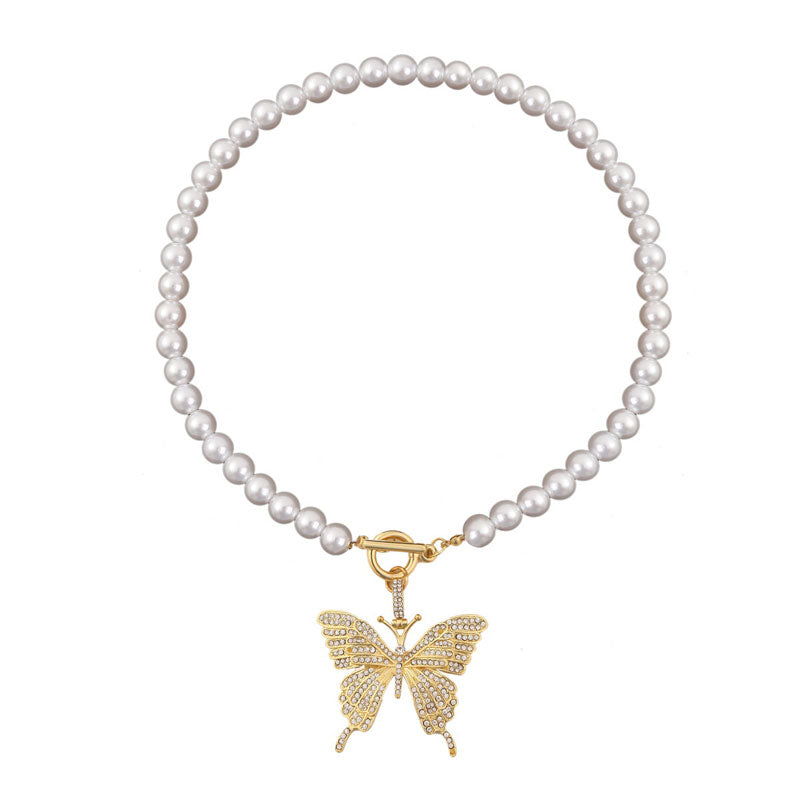 Rhinestone Butterfly Pattern Pearl Necklace