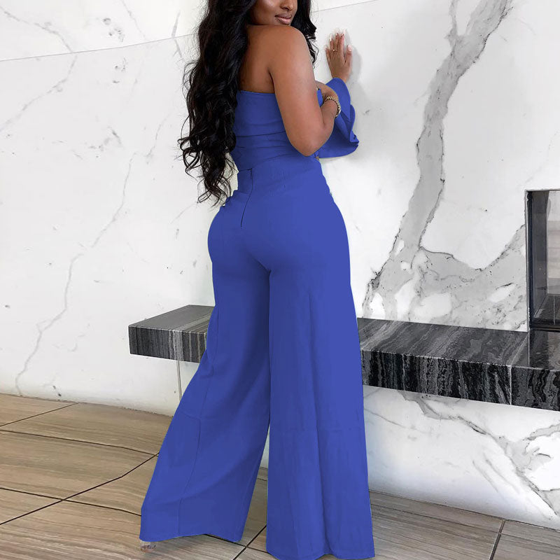 Solid One Shoulder Crop Top & High Slit Pants Set