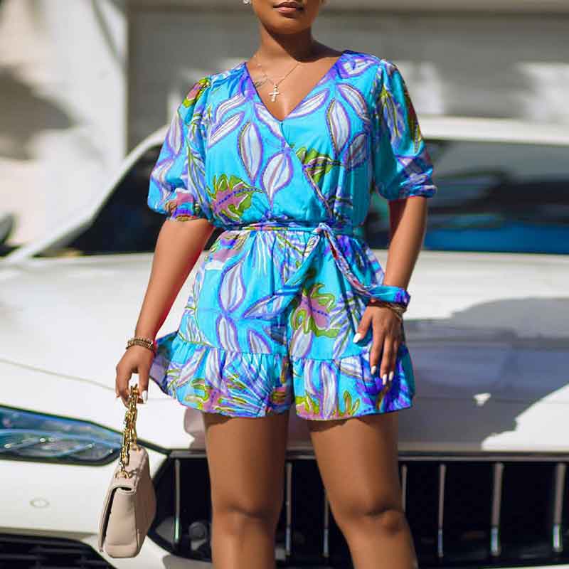 Leaf Print V-Neck Short Sleeve Romper