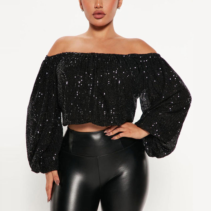 Sequins Off Shoulder Lantern Sleeve Crop Top