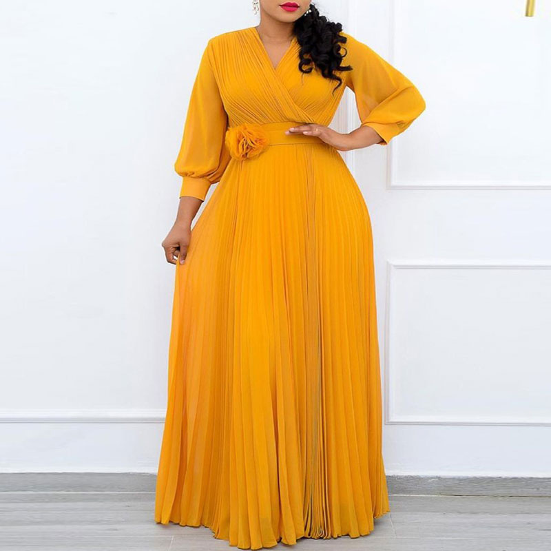 Solid V-Neck Lantern Sleeve Pleated Maxi Dress