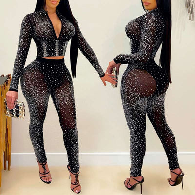 Rhinestone Deep V-Neck Long Sleeve Two Piece Pants Set