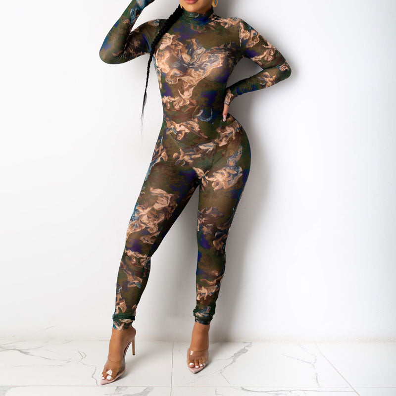 Print Long Sleeve Sheer Mesh Patchwork Skinny Jumpsuit