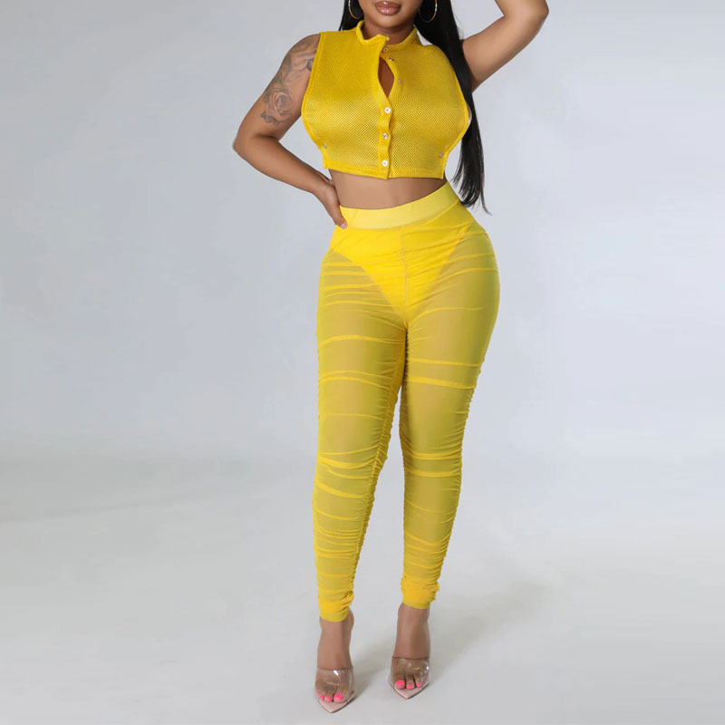 Solid Sleeveless Mesh Crop Top & Ruched Pants Set