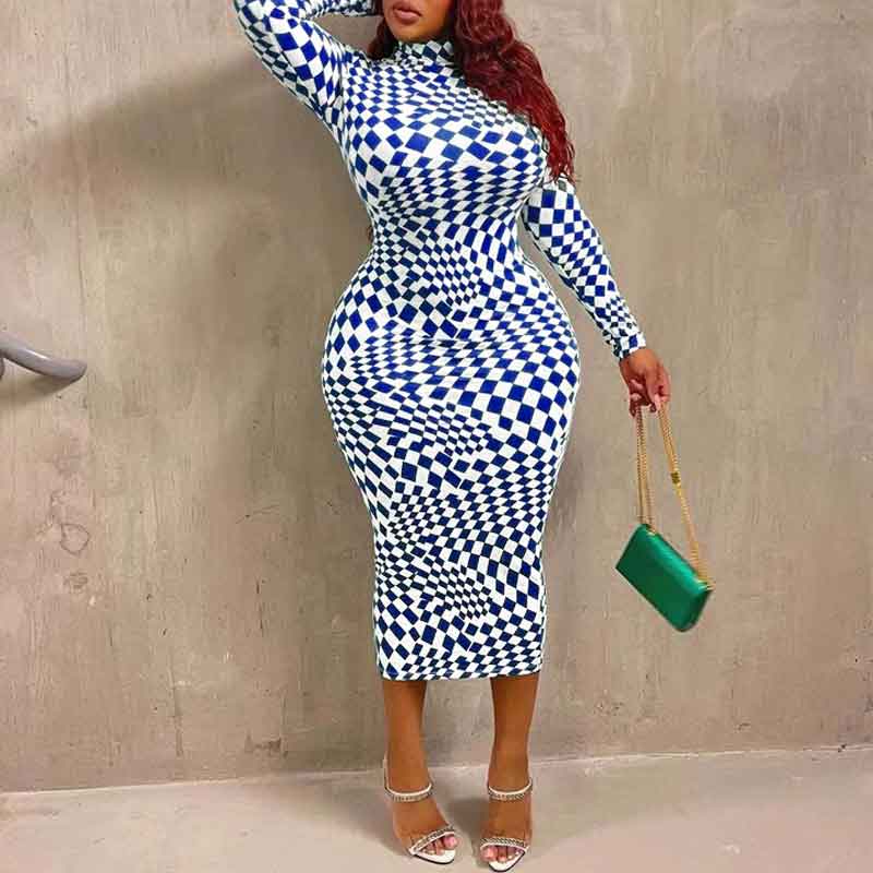 Print Long Sleeve Plus Size Midi Dress