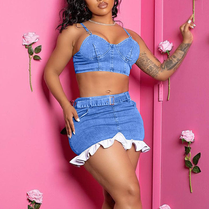 Solid Sleeveless Denim Crop Top & Belted Ruffle Design Skirt Set