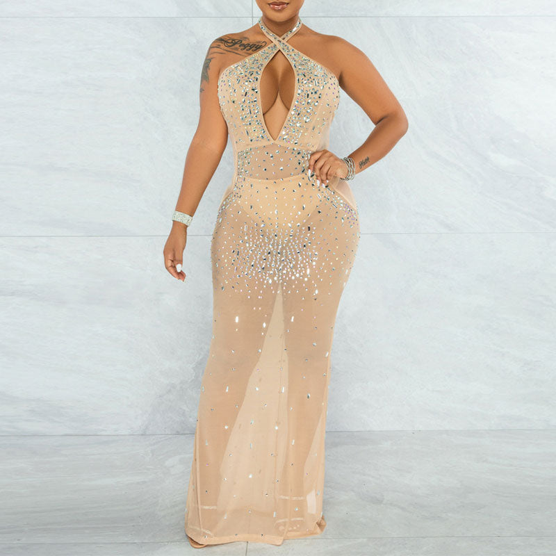 Rhinestone Sleeveless Halter Sheer Mesh Maxi Dress