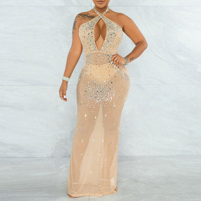 Rhinestone Sleeveless Halter Sheer Mesh Maxi Dress