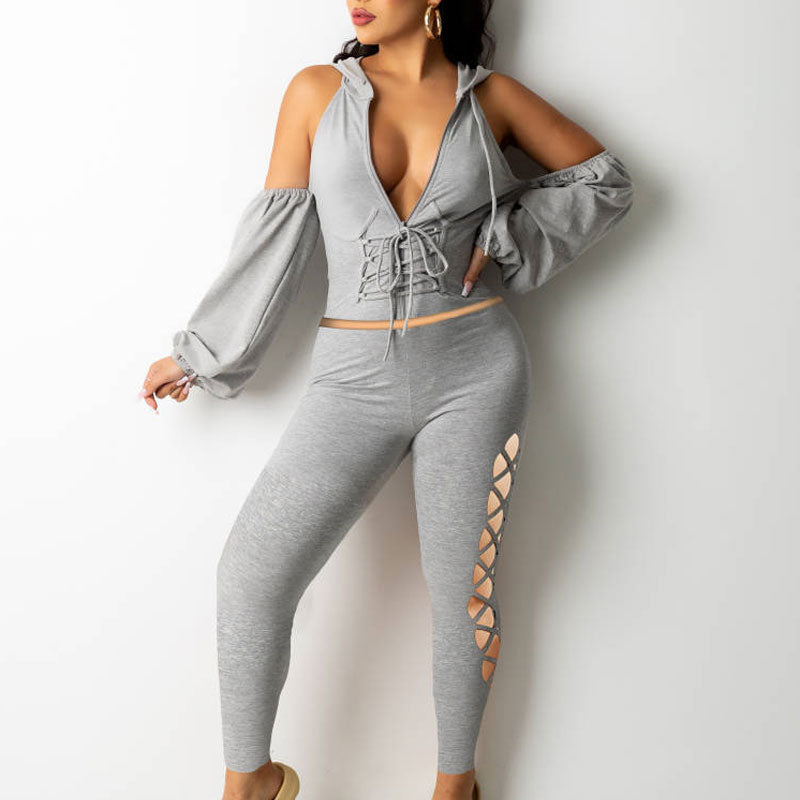 Solid Cold Shoulder Lace Up Hoodie Top & Hollow Out Pants Set