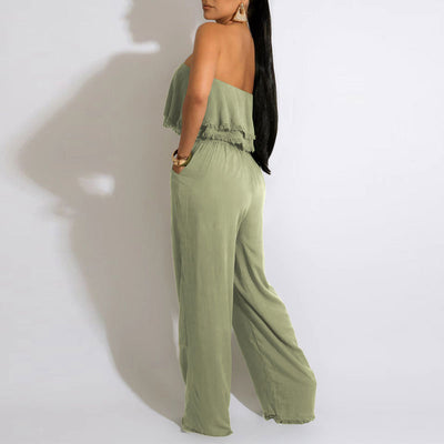 Solid Off Shoulder Ruffles Belted Jumpsuit