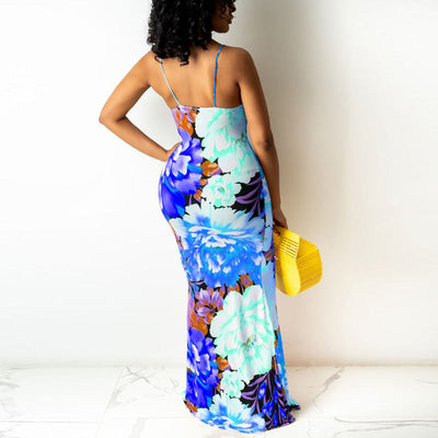 Floral Print V-Neck Sling Maxi Bodycon Dress