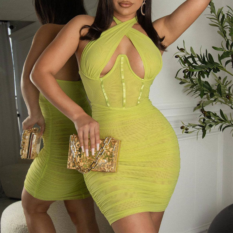 Solid Halter Cut Out Sheer Mesh Bodycon Dress