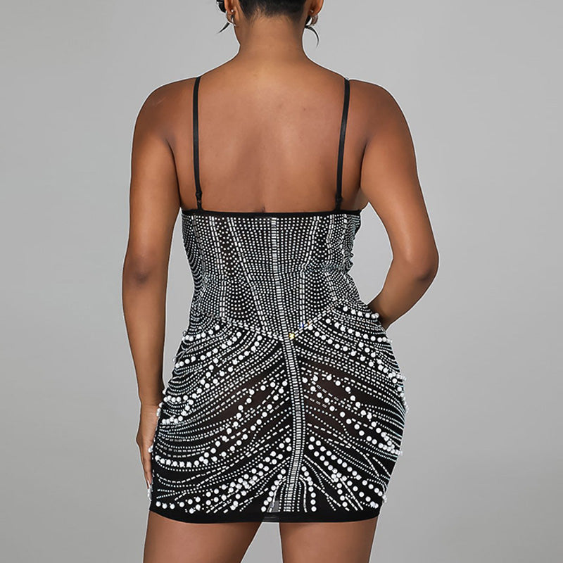 Rhinestone Beaded Sleeveless Spaghetti Strap Bodycon Dress