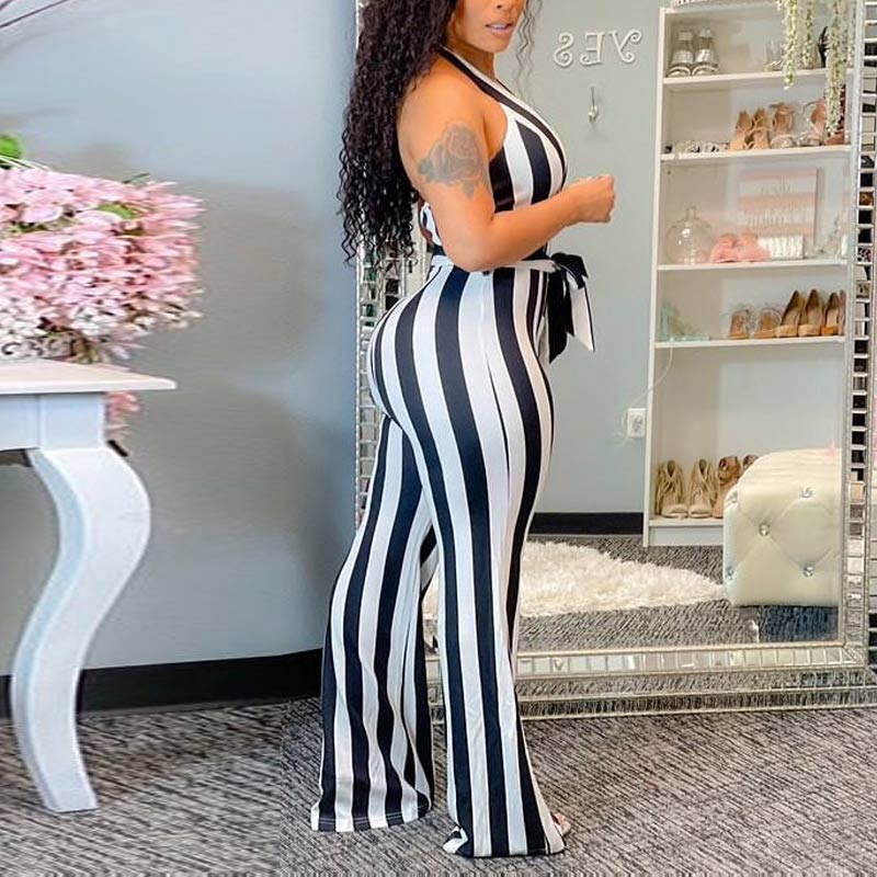 Stripe Print V-Neck Wide Leg Jumpsuit