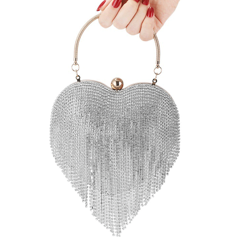 Rhinestone Heart Pattern Tassel Design Evening Bag