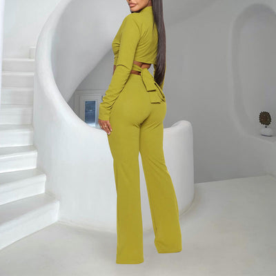 Solid V-Neck Long Sleeve Bandage Top & Slit Pants Set