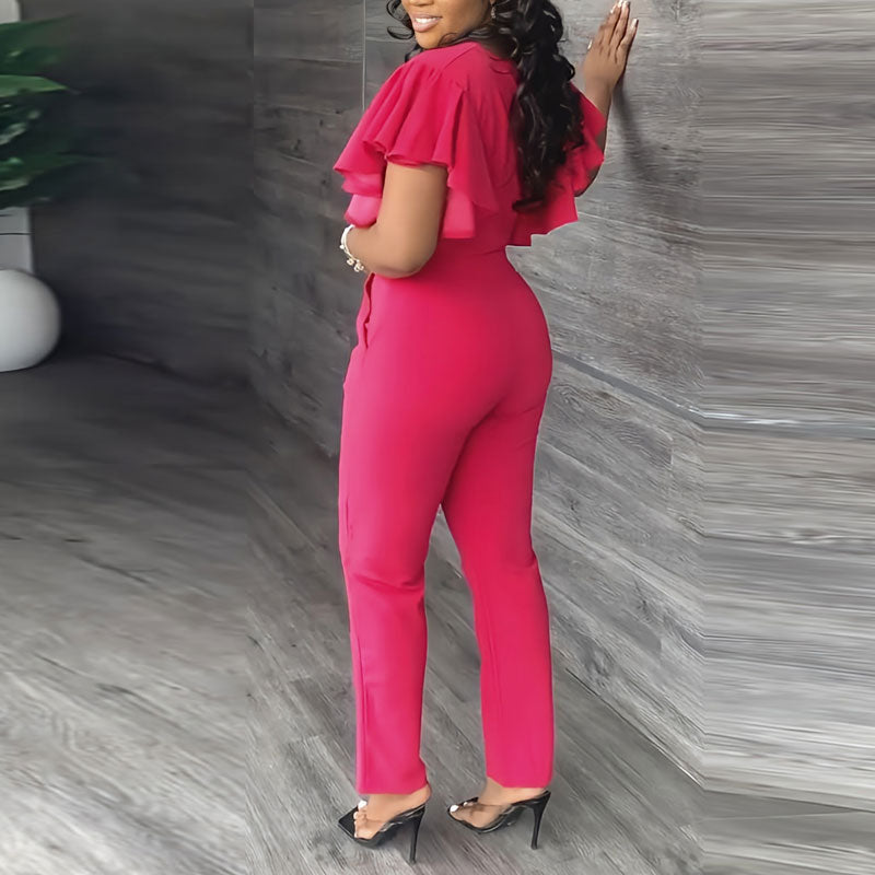 Solid V-Neck Ruffles Crop Top & Pants Set