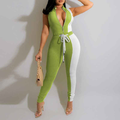 Colorblock Sleeveless Zipper Design Skinny Jumpsuit