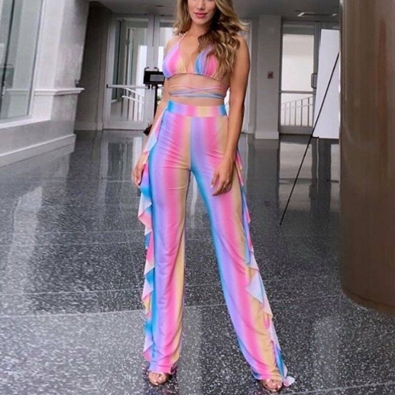 Colorblock Print Sleeveless Two Piece Swimsuit Set